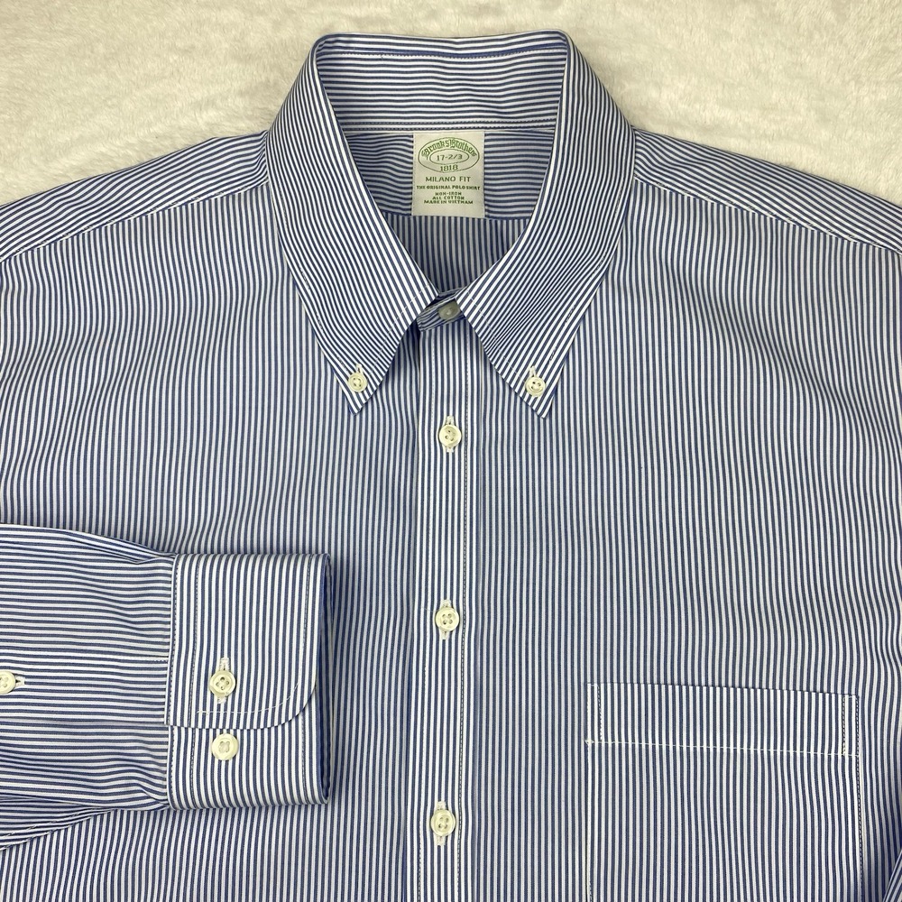 Brooks Brothers Dress Shirt Mens 17-2/3 Blue/White Stripes Milano Fit No Iron